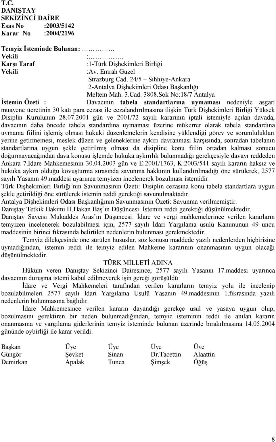 Sok No:18/7 Antalya İstemin Özeti : Davacının tabela standartlarına uymaması nedeniyle asgari muayene ücretinin 30 katı para cezası ile cezalandırılmasına ilişkin Türk Dişhekimleri Birliği Yüksek