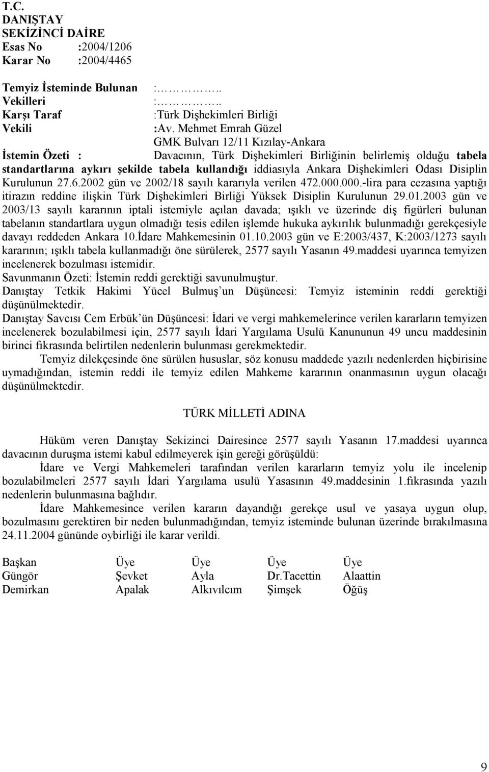 Dişhekimleri Odası Disiplin Kurulunun 27.6.2002 gün ve 2002/18 sayılı kararıyla verilen 472.000.