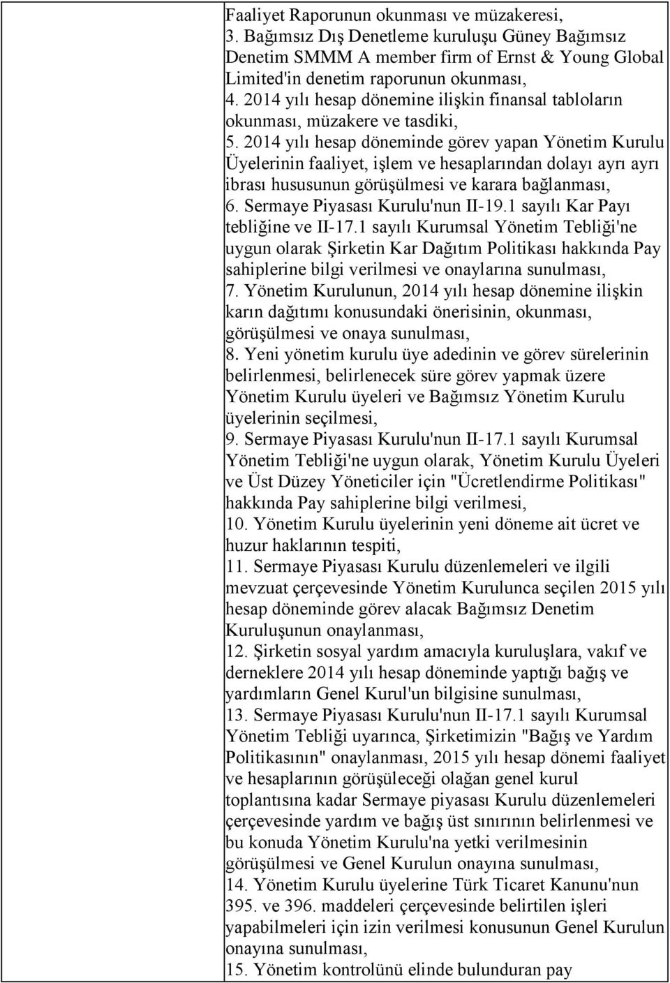 2014 yılı hesap döneminde görev yapan Yönetim Kurulu Üyelerinin faaliyet, işlem ve hesaplarından dolayı ayrı ayrı ibrası hususunun görüşülmesi ve karara bağlanması, 6.