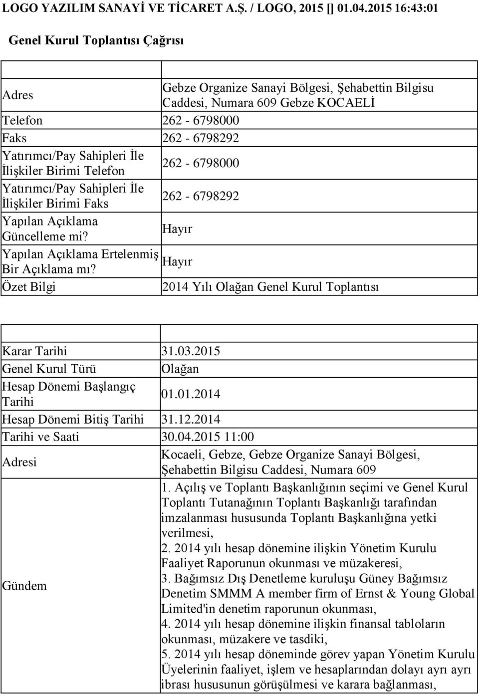 262-6798000 İlişkiler Birimi Faks 262-6798292 Yapılan Açıklama Güncelleme mi? Yapılan Açıklama Ertelenmiş Bir Açıklama mı? 2014 Yılı Olağan Genel Kurul Toplantısı Karar Tarihi 31.03.