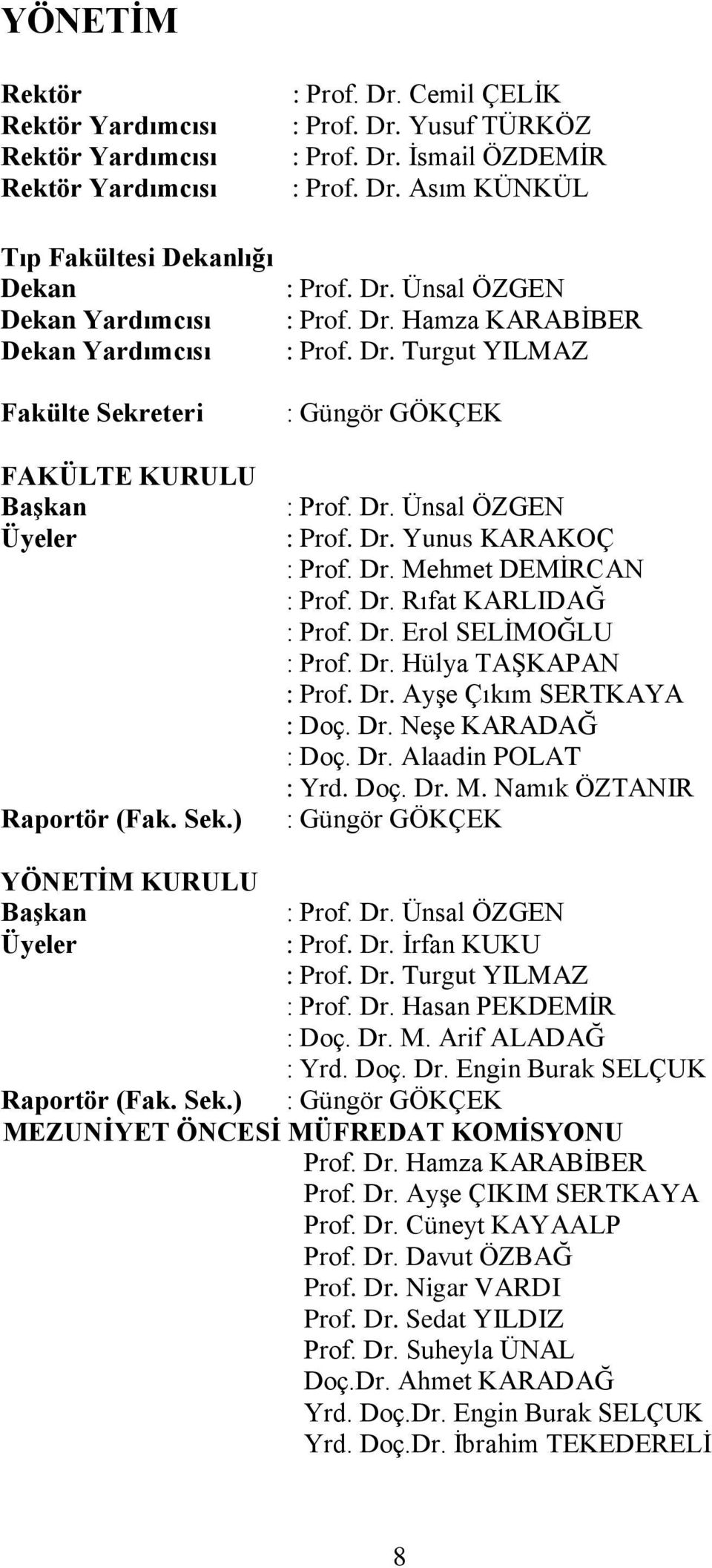 Dr. Mehmet DEMİRCAN : Prof. Dr. Rıfat KARLIDAĞ : Prof. Dr. Erol SELİMOĞLU : Prof. Dr. Hülya TAŞKAPAN : Prof. Dr. Ayşe Çıkım SERTKAYA : Doç. Dr. Neşe KARADAĞ : Doç. Dr. Alaadin POLAT : Yrd. Doç. Dr. M. Namık ÖZTANIR : Güngör GÖKÇEK YÖNETİM KURULU Başkan : Prof.