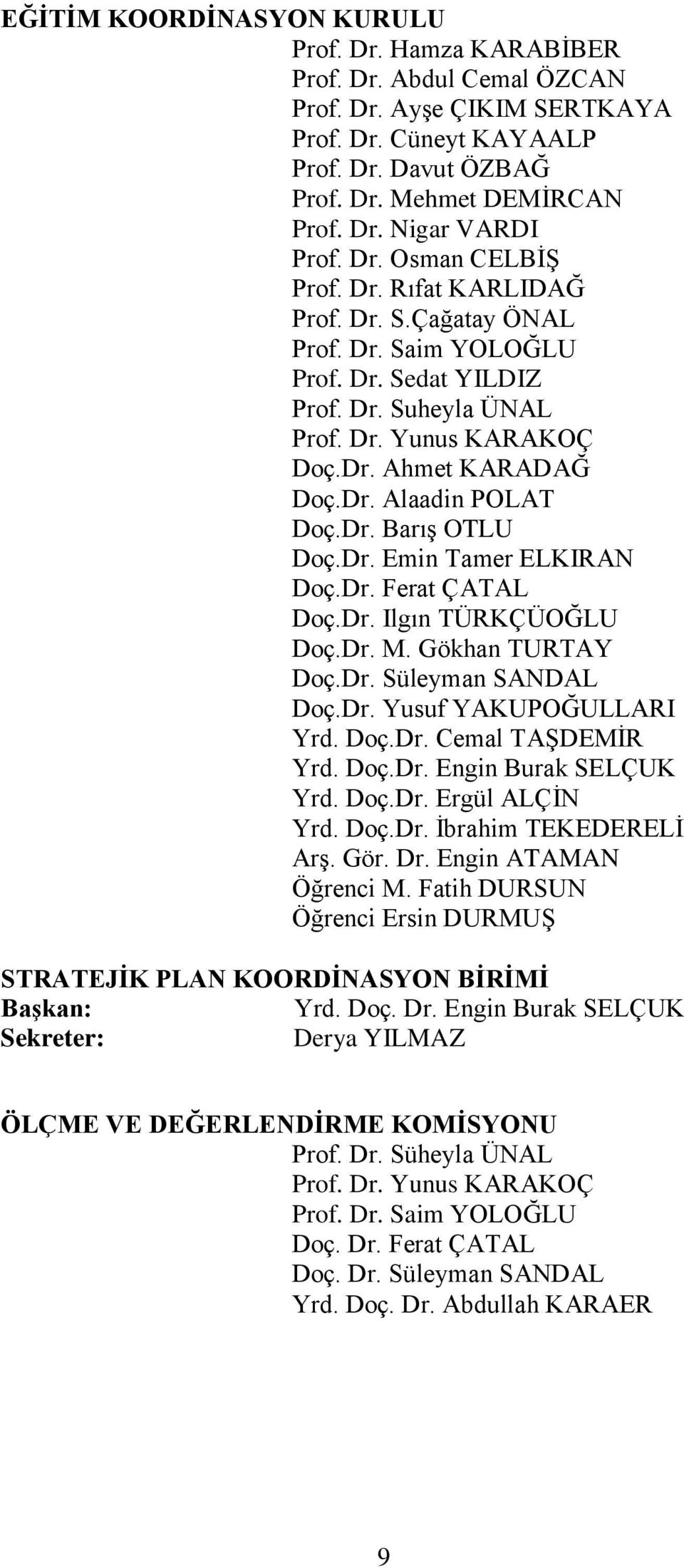 Dr. Barış OTLU Doç.Dr. Emin Tamer ELKIRAN Doç.Dr. Ferat ÇATAL Doç.Dr. Ilgın TÜRKÇÜOĞLU Doç.Dr. M. Gökhan TURTAY Doç.Dr. Süleyman SANDAL Doç.Dr. Yusuf YAKUPOĞULLARI Yrd. Doç.Dr. Cemal TAŞDEMİR Yrd.