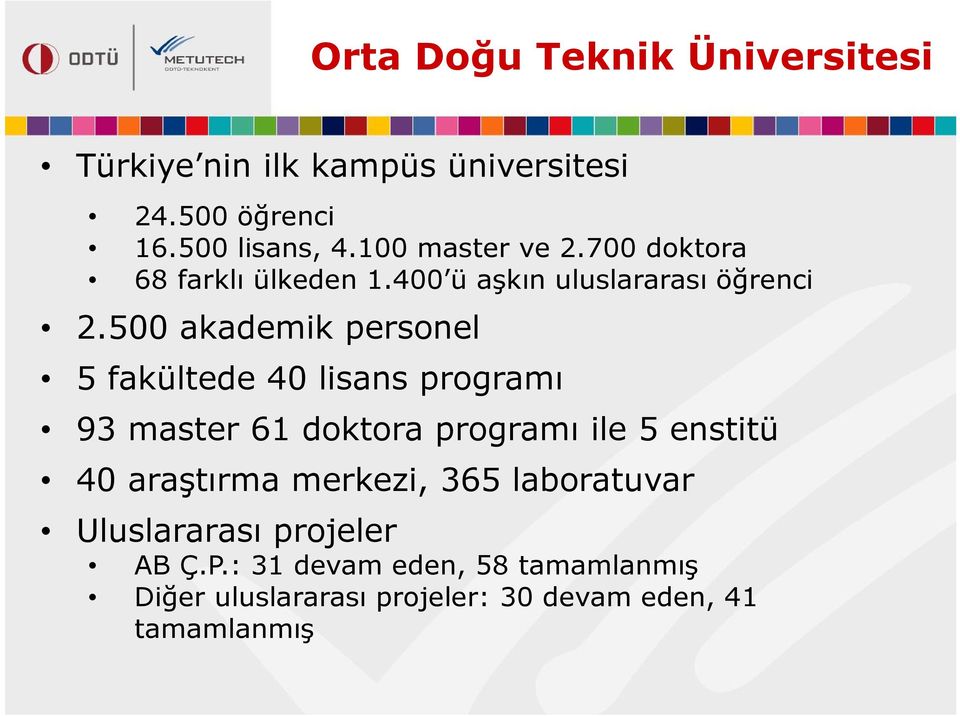 500 akademik personel 5 fakültede 40 lisans programı 93 master 61 doktora programı ile 5 enstitü 40