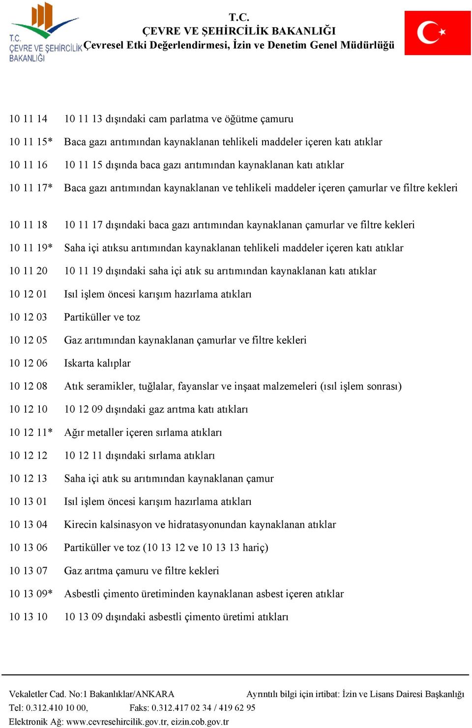 filtre kekleri 10 11 19* Saha içi atıksu arıtımından kaynaklanan tehlikeli maddeler içeren katı atıklar 10 11 20 10 11 19 dışındaki saha içi atık su arıtımından kaynaklanan katı atıklar 10 12 01 Isıl