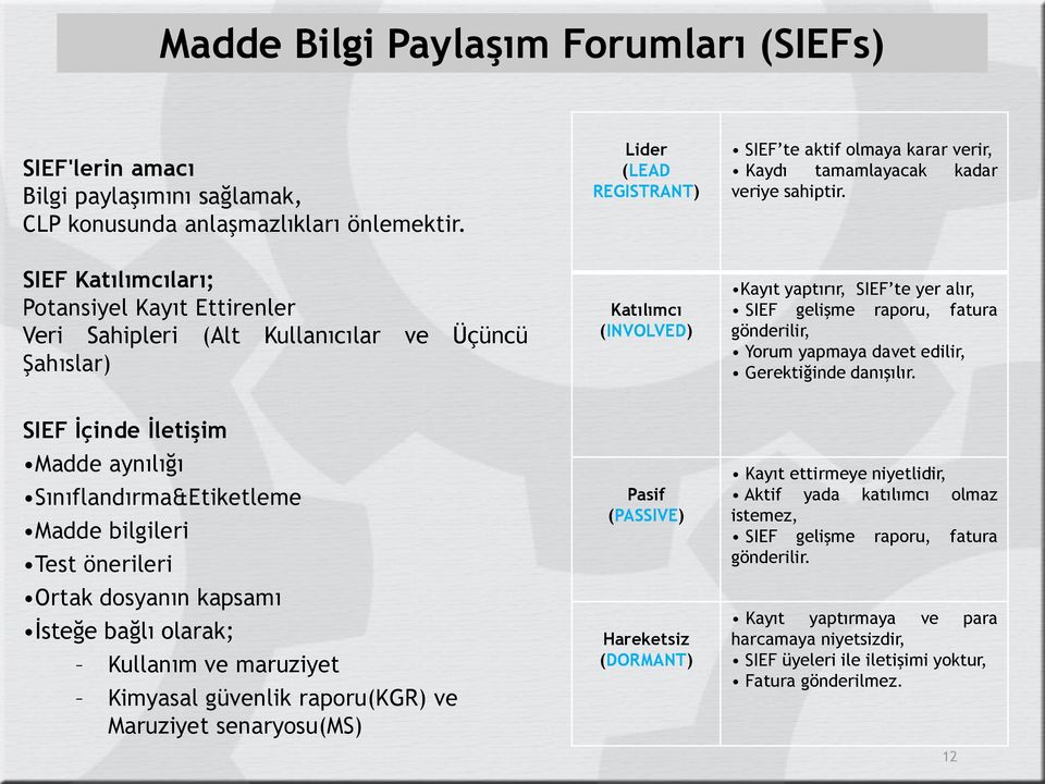 SIEF Katılımcıları; Potansiyel Kayıt Ettirenler Veri Sahipleri (Alt Kullanıcılar ve Üçüncü Şahıslar) Katılımcı (INVOLVED) Kayıt yaptırır, SIEF te yer alır, SIEF gelişme raporu, fatura gönderilir,