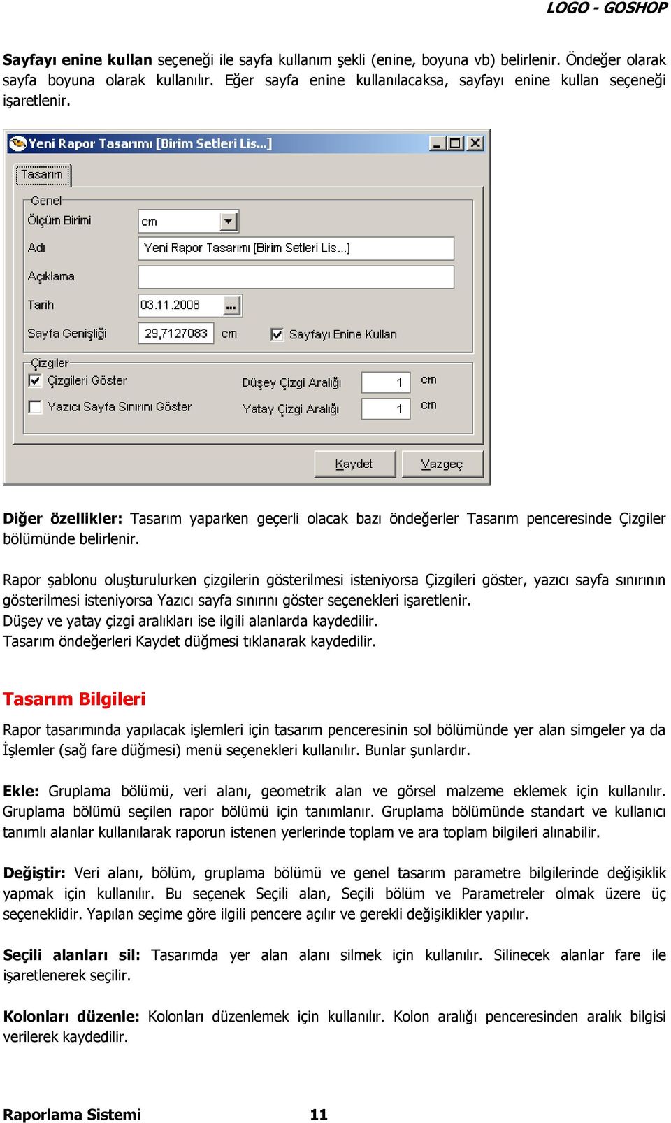 Rapor şablonu oluşturulurken çizgilerin gösterilmesi isteniyorsa Çizgileri göster, yazıcı sayfa sınırının gösterilmesi isteniyorsa Yazıcı sayfa sınırını göster seçenekleri işaretlenir.