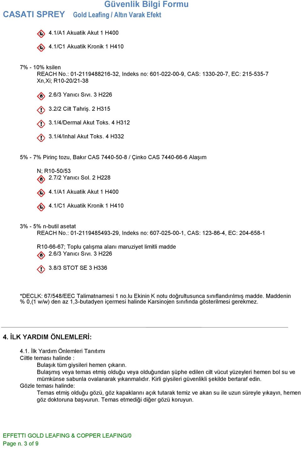 2 H228 4.1/A1 Akuatik Akut 1 H400 4.1/C1 Akuatik Kronik 1 H410 3% - 5% n-butil asetat REACH No.