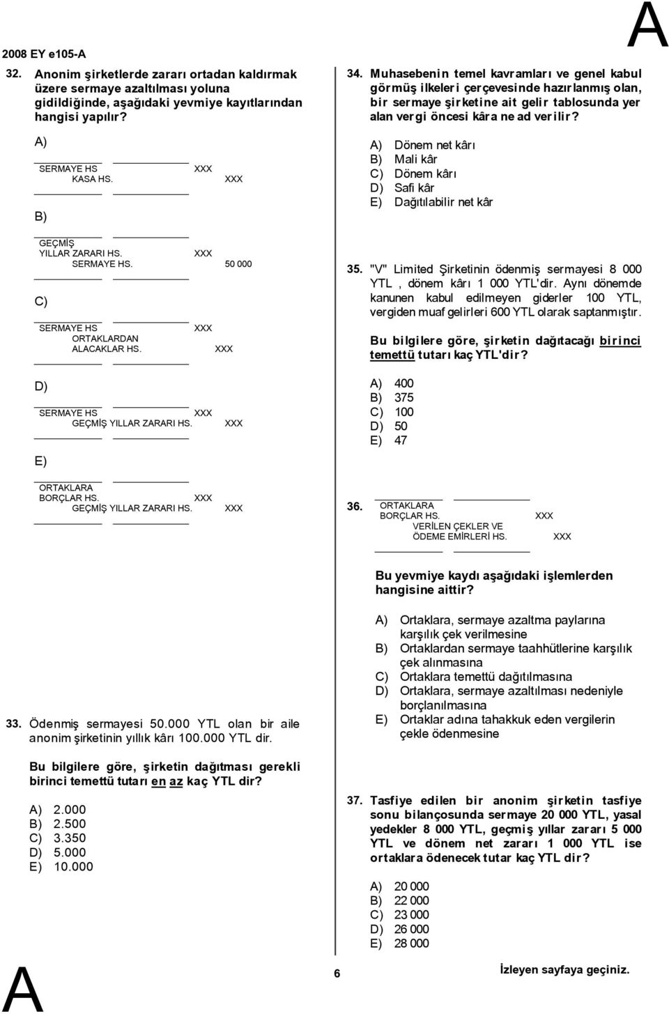 ) ) Dönem netkârı ) Mali kâr C) Dönem kârı D) Safi kâr E) Dağıtılabilir netkâr GEÇMİŞ YILLR ZRRI HS. SERMYE HS. 50 000 C) SERMYE HS ORTKLRDN LCKLR HS. 35.