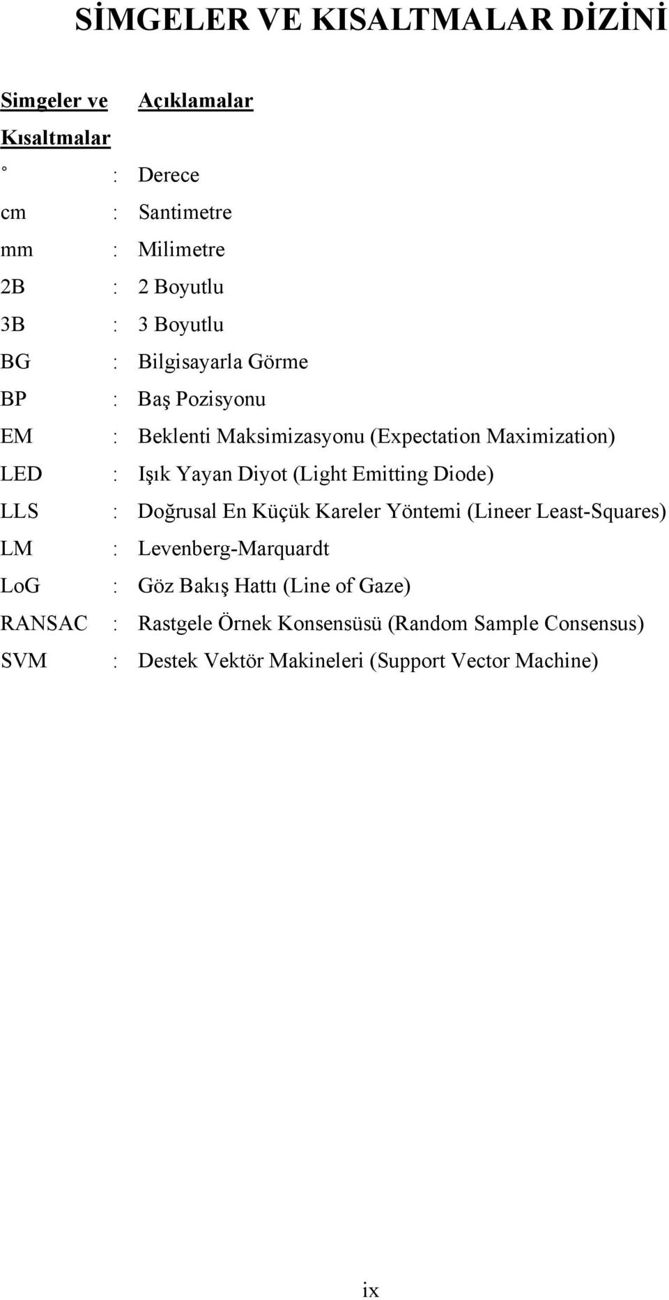 (Light Emitting Diode) LLS : Doğrusal En Küçük Kareler Yöntemi (Lineer Least-Squares) LM : Levenberg-Marquardt LoG : Göz Bakış