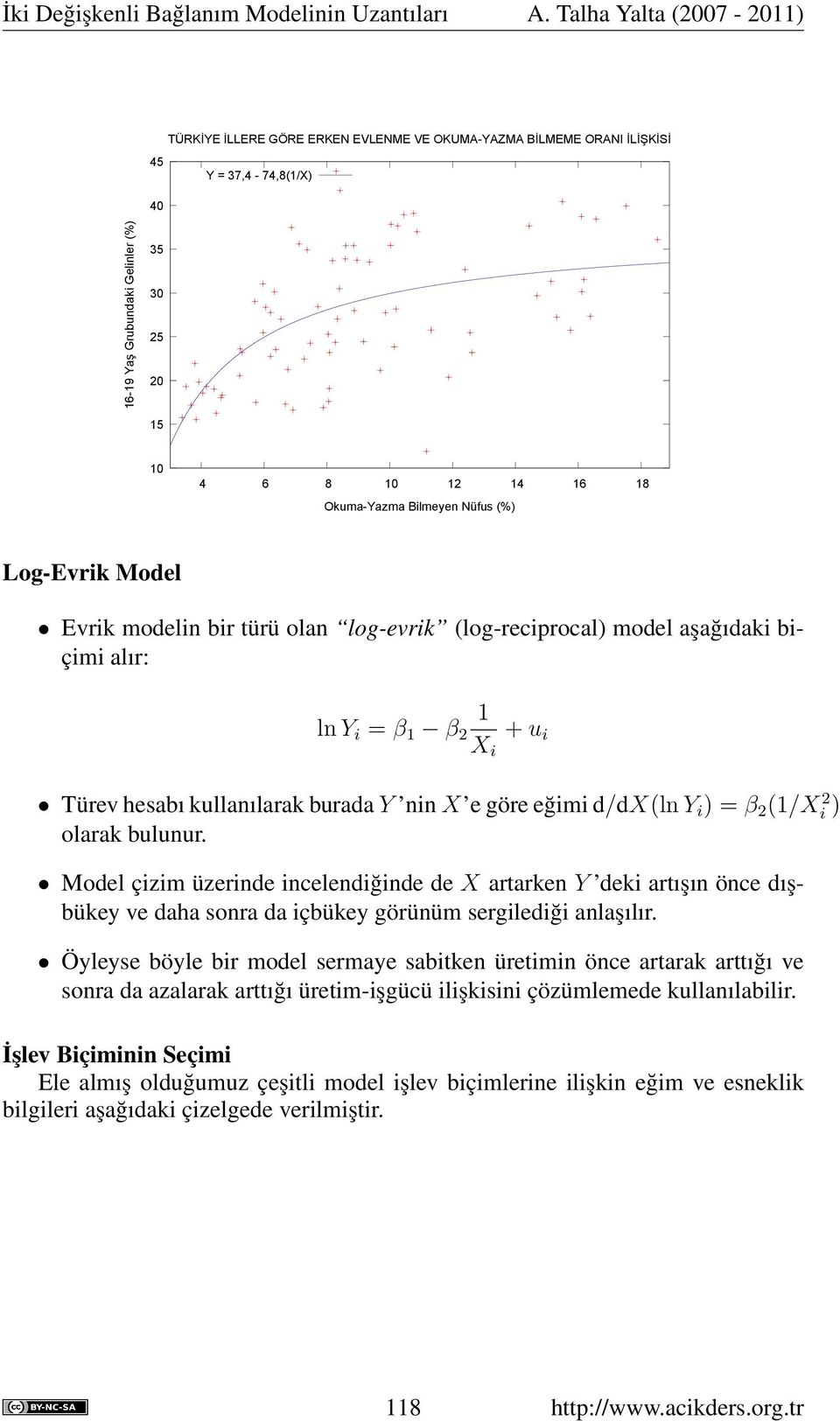 ) = β 2 (1/X 2 i ) olarak bulunur. Model çizim üzerinde incelendiğinde de X artarken Y deki artışın önce dışbükey ve daha sonra da içbükey görünüm sergilediği anlaşılır.