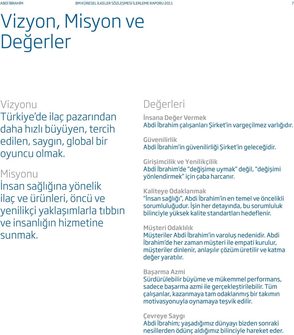 Değerleri İnsana Değer Vermek Abdi İbrahim çalışanları Şirket in vargeçilmez varlığıdır. Güvenilirlik Abdi İbrahim in güvenilirliği Şirket in geleceğidir.