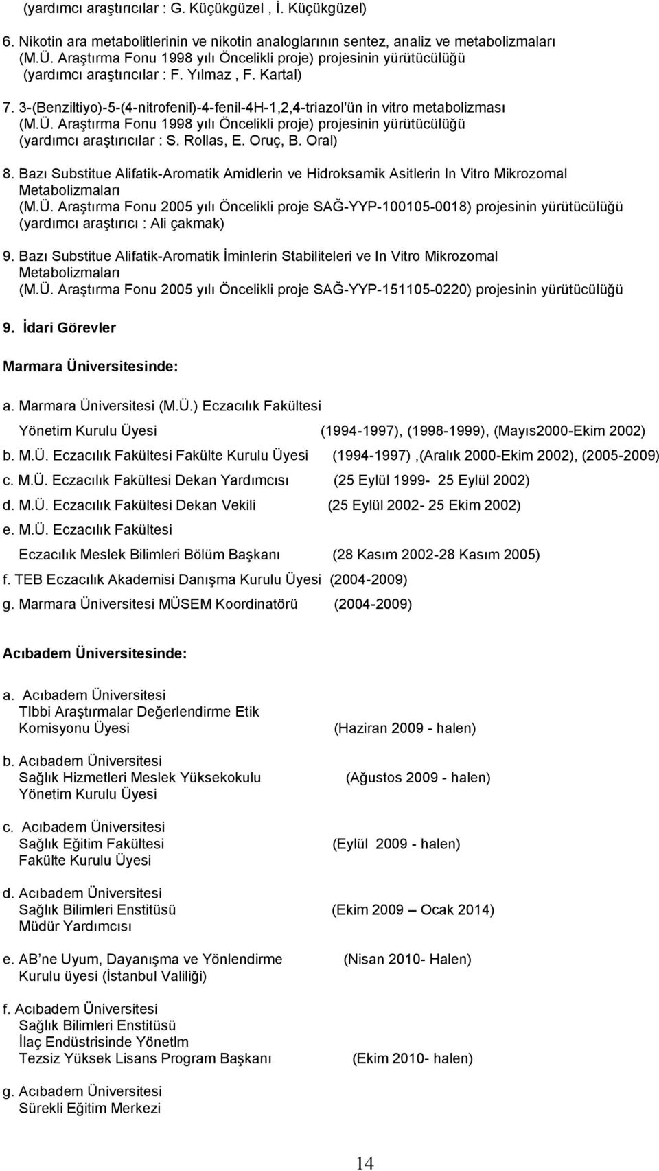 3-(Benziltiyo)-5-(4-nitrofenil)-4-fenil-4H-1,2,4-triazol'ün in vitro metabolizması (M.Ü. AraĢtırma Fonu 1998 yılı Öncelikli proje) projesinin yürütücülüğü (yardımcı araģtırıcılar : S. Rollas, E.