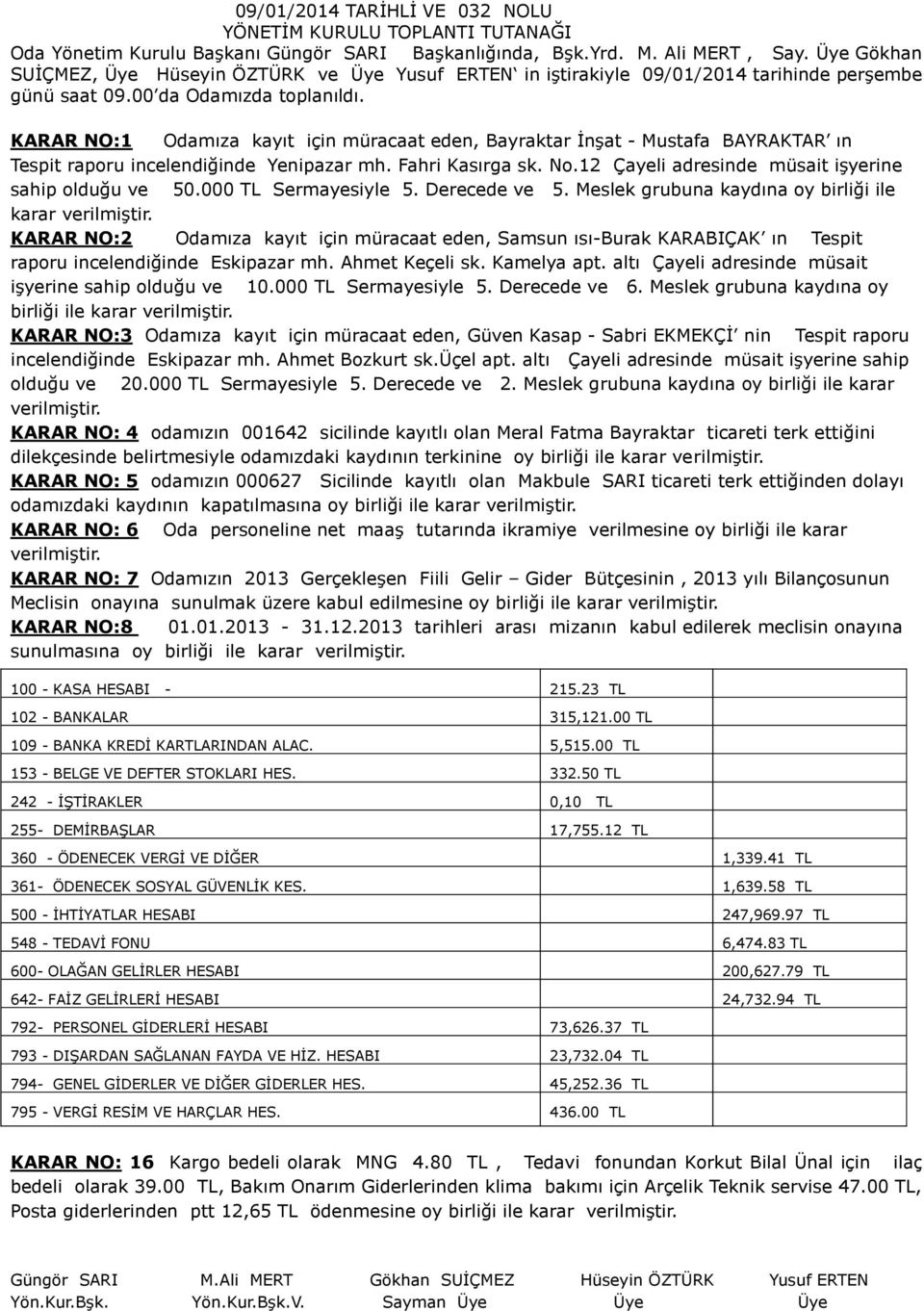 KARAR NO:1 Odamıza kayıt için müracaat eden, Bayraktar İnşat - Mustafa BAYRAKTAR ın Tespit raporu incelendiğinde Yenipazar mh. Fahri Kasırga sk. No.