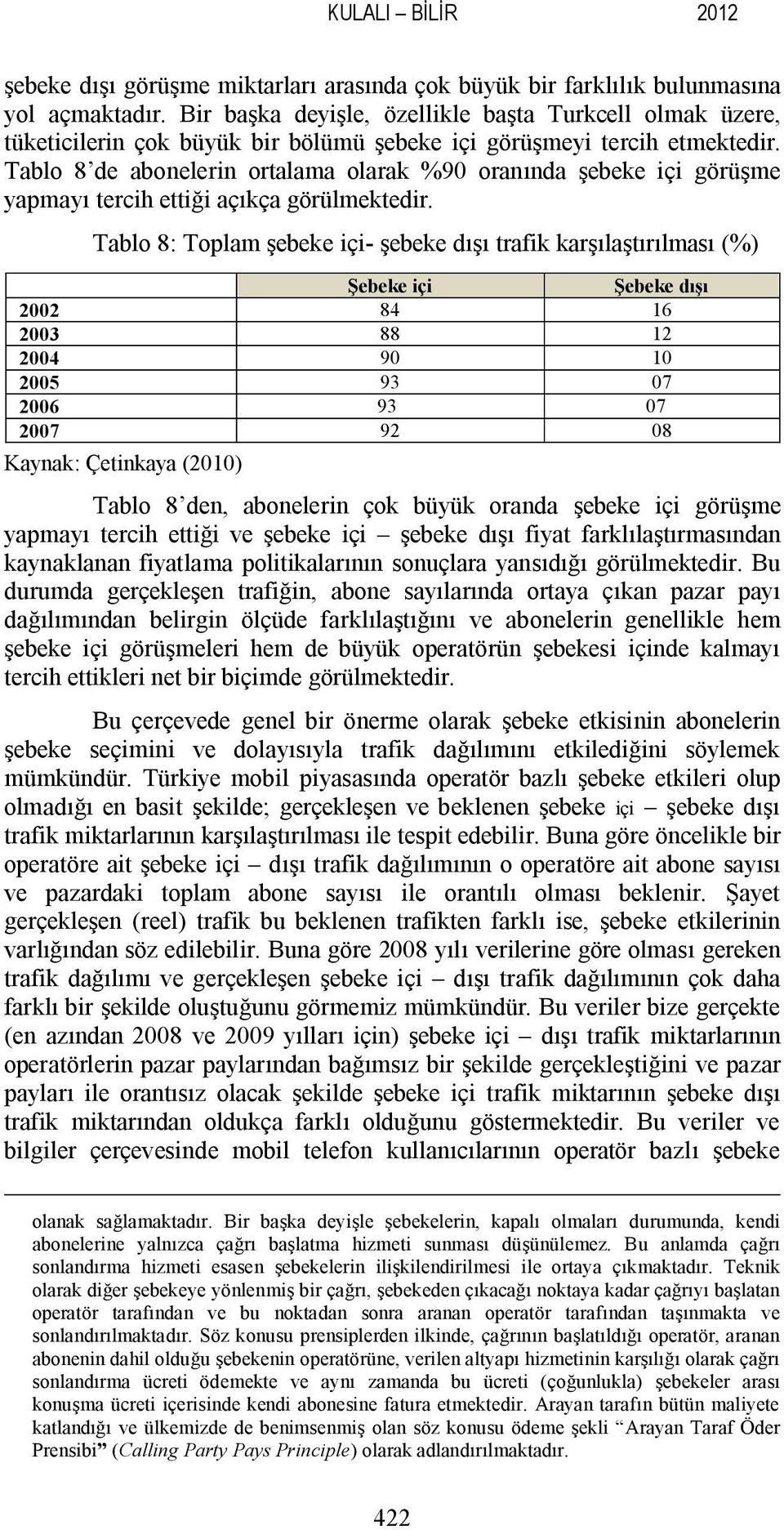 Tablo 8 de abonelerin ortalama olarak %90 oranında şebeke içi görüşme yapmayı tercih ettiği açıkça görülmektedir.