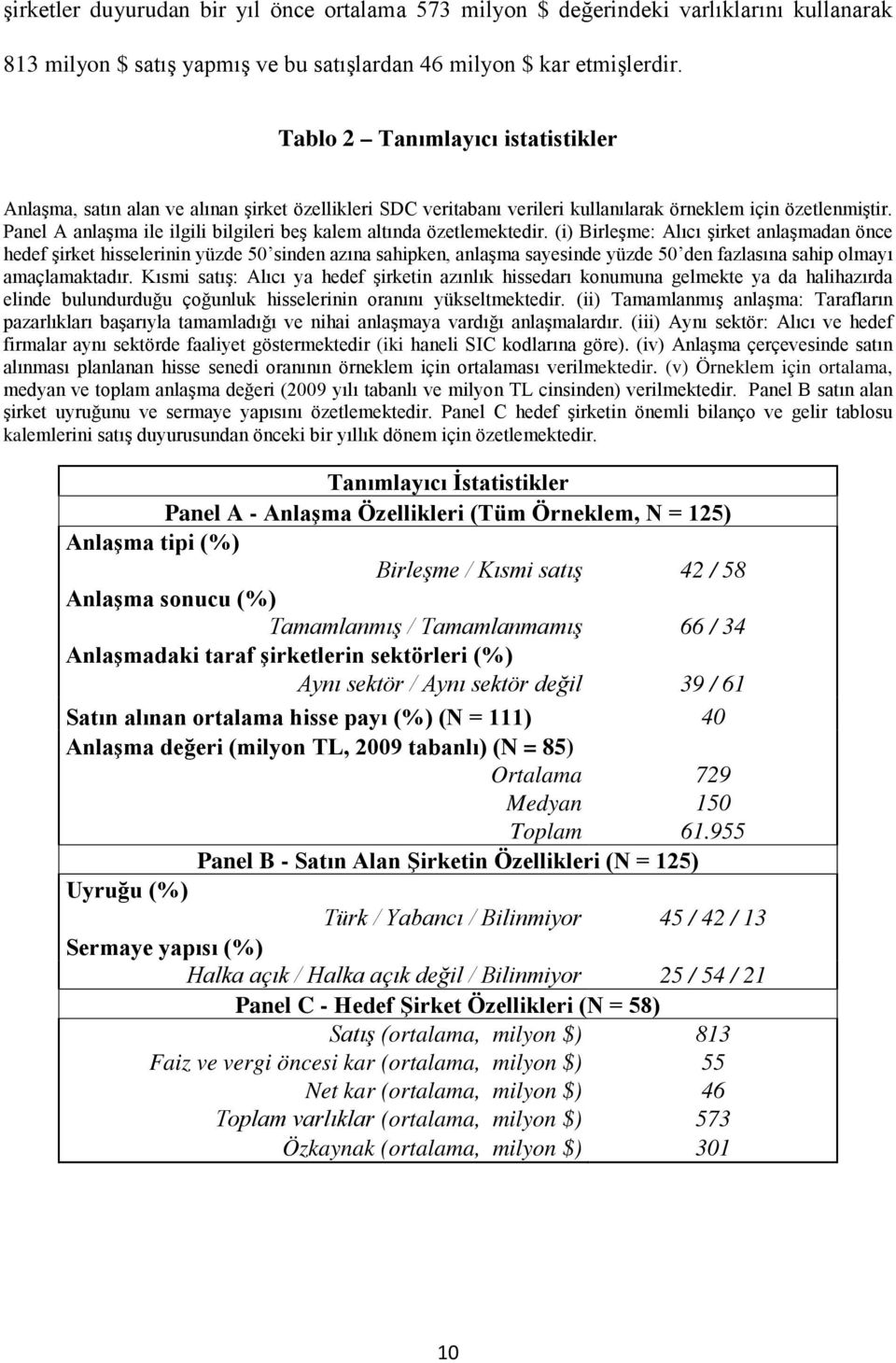 Panel A anlaşma ile ilgili bilgileri beş kalem altında özetlemektedir.