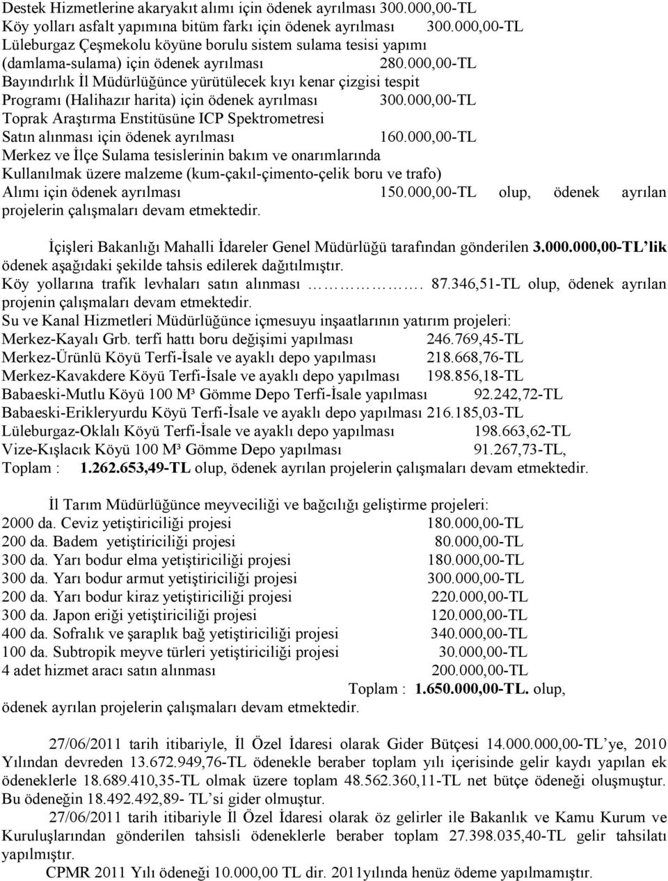 000,00-TL Bayındırlık Đl Müdürlüğünce yürütülecek kıyı kenar çizgisi tespit Programı (Halihazır harita) için ödenek ayrılması 300.