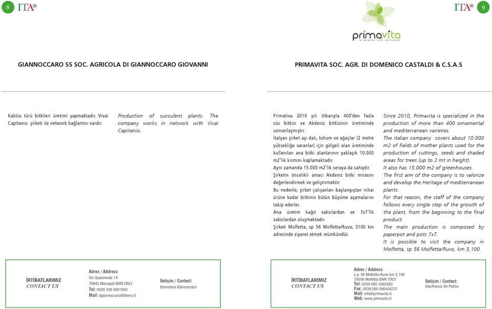 Primativa 2010 yılı itibarıyla 400 den fazla süs bitkisi ve Akdeniz bitkisinin üretiminde uzmanlaşmıştır.