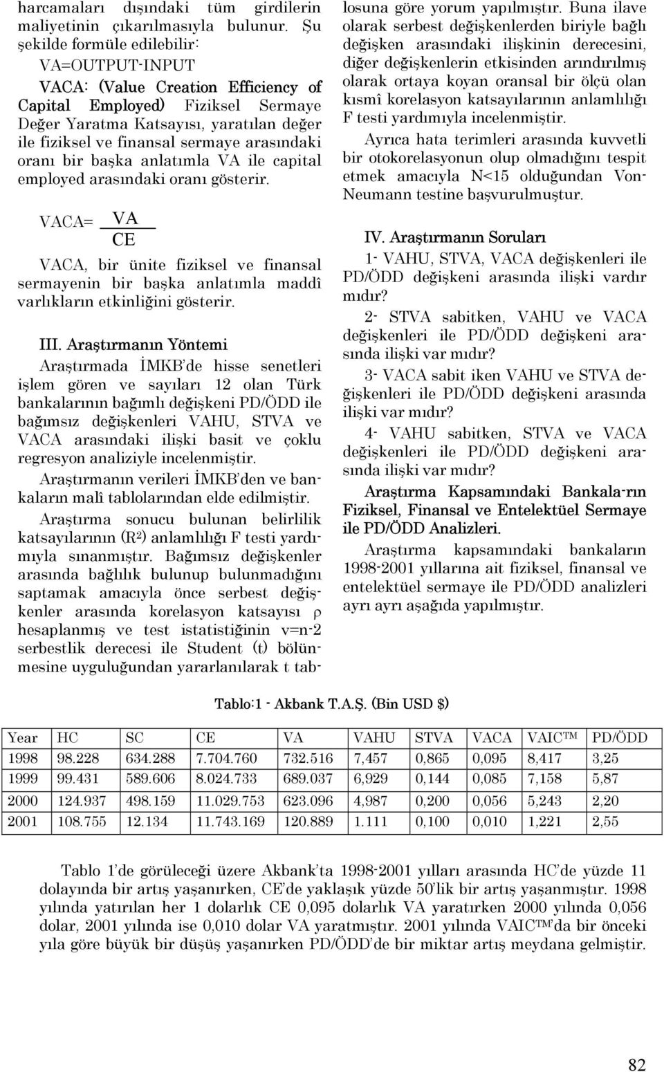 arasındaki oranı bir başka anlatımla VA ile capital employed arasındaki oranı gösterir.