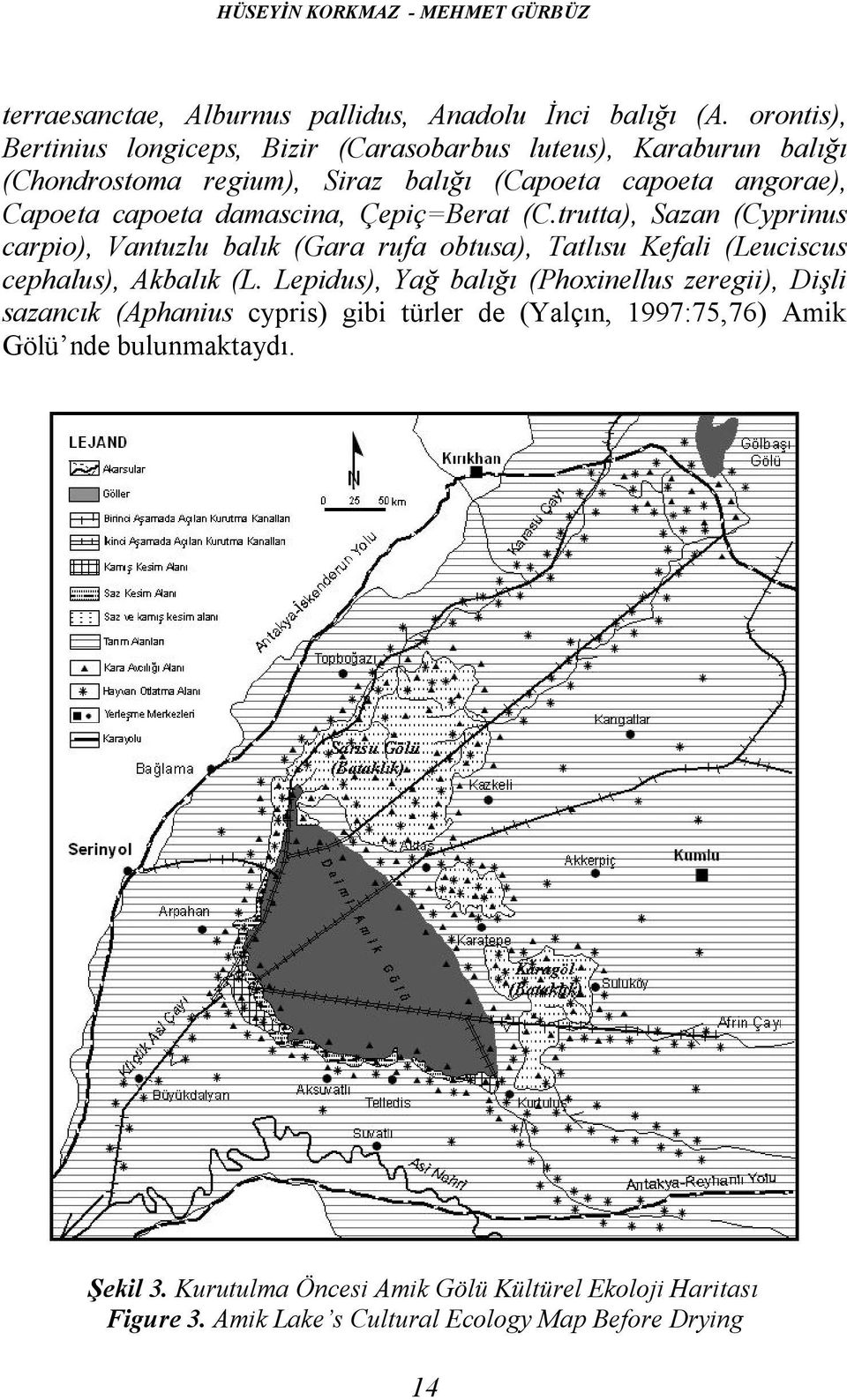 damascina, Çepiç=Berat (C.trutta), Sazan (Cyprinus carpio), Vantuzlu balık (Gara rufa obtusa), Tatlısu Kefali (Leuciscus cephalus), Akbalık (L.