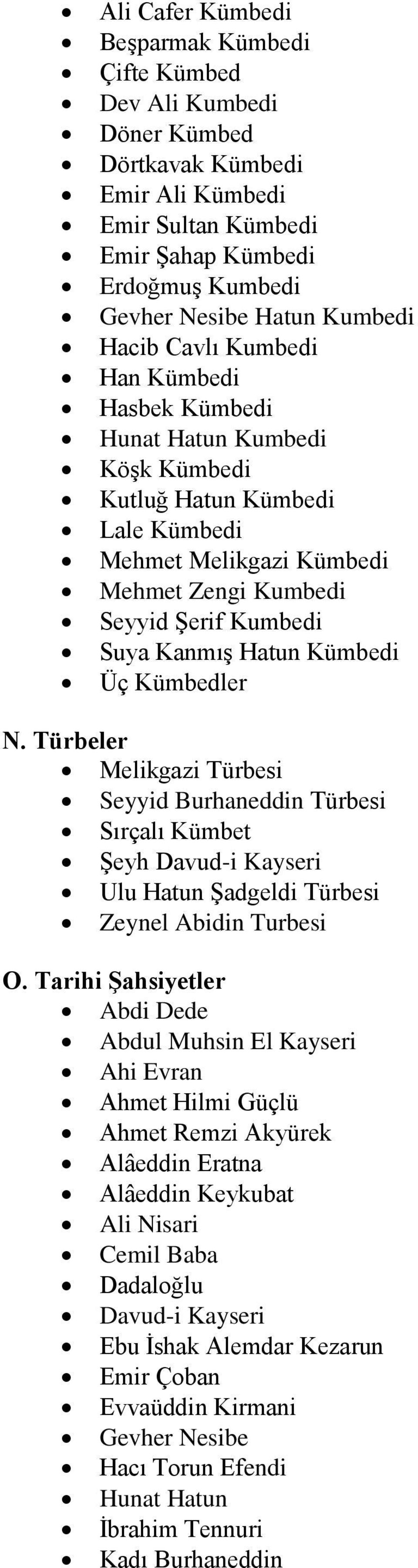 Kümbedi Üç Kümbedler N. Türbeler Melikgazi Türbesi Seyyid Burhaneddin Türbesi Sırçalı Kümbet ġeyh Davud-i Kayseri Ulu Hatun ġadgeldi Türbesi Zeynel Abidin Turbesi O.