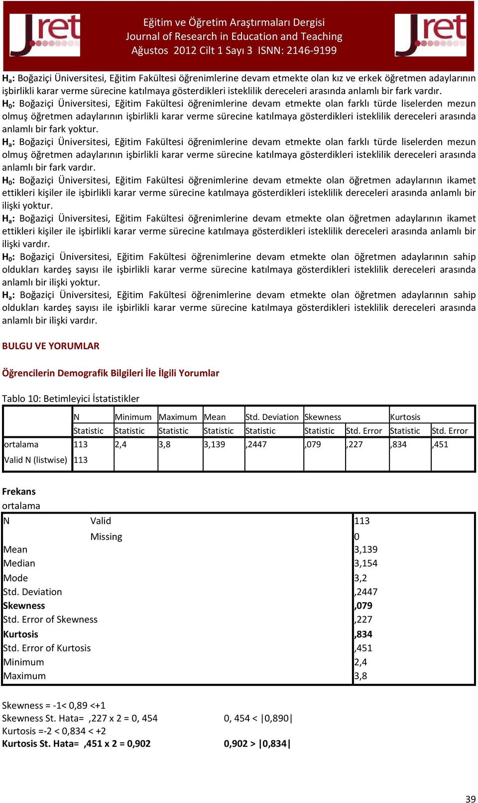 H 0 : Boğaziçi Üniversitesi, Eğitim Fakültesi öğrenimlerine devam etmekte olan farklı türde liselerden mezun olmuş öğretmen adaylarının işbirlikli karar verme sürecine katılmaya gösterdikleri