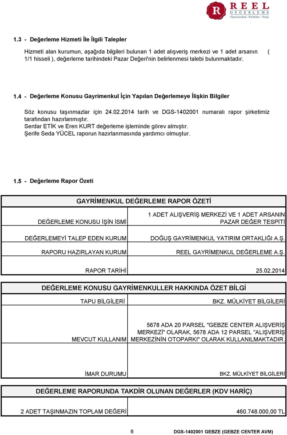 2014 tarih ve DGS-1402001 numaralı rapor şirketimiz tarafından hazırlanmıştır. Serdar ETİK ve Eren KURT değerleme işleminde görev almıştır. Şerife Seda YÜCEL raporun hazırlanmasında yardımcı olmuştur.