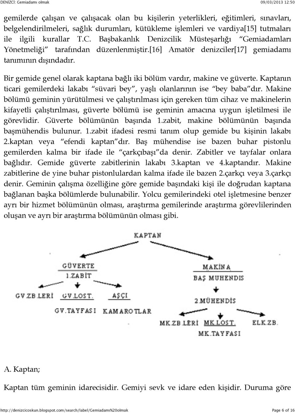 Bir gemide genel olarak kaptana bağlı iki bölüm vardır, makine ve güverte. Kaptanın ticari gemilerdeki lakabı süvari bey, yaşlı olanlarının ise bey baba dır.