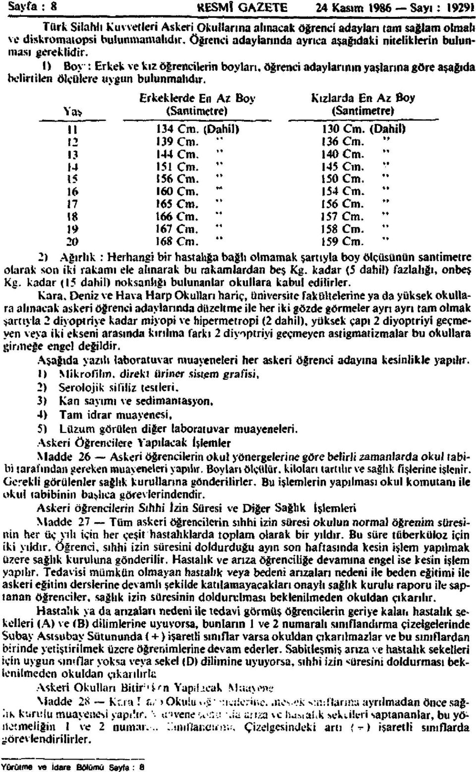 Yaş Erkeklerde En Az Boy (Santimetre) Kızlarda En Az Boy (Santimetre) 11 134 Cm. (Dahil) 130 Cm. (Dahil) 12 139 Cm. " 136 Cm. " 13 144 Cm. " 140 Cm. " 14 151 Cm. " 145 Cm. 15 156 Cm. " 150 Cm.