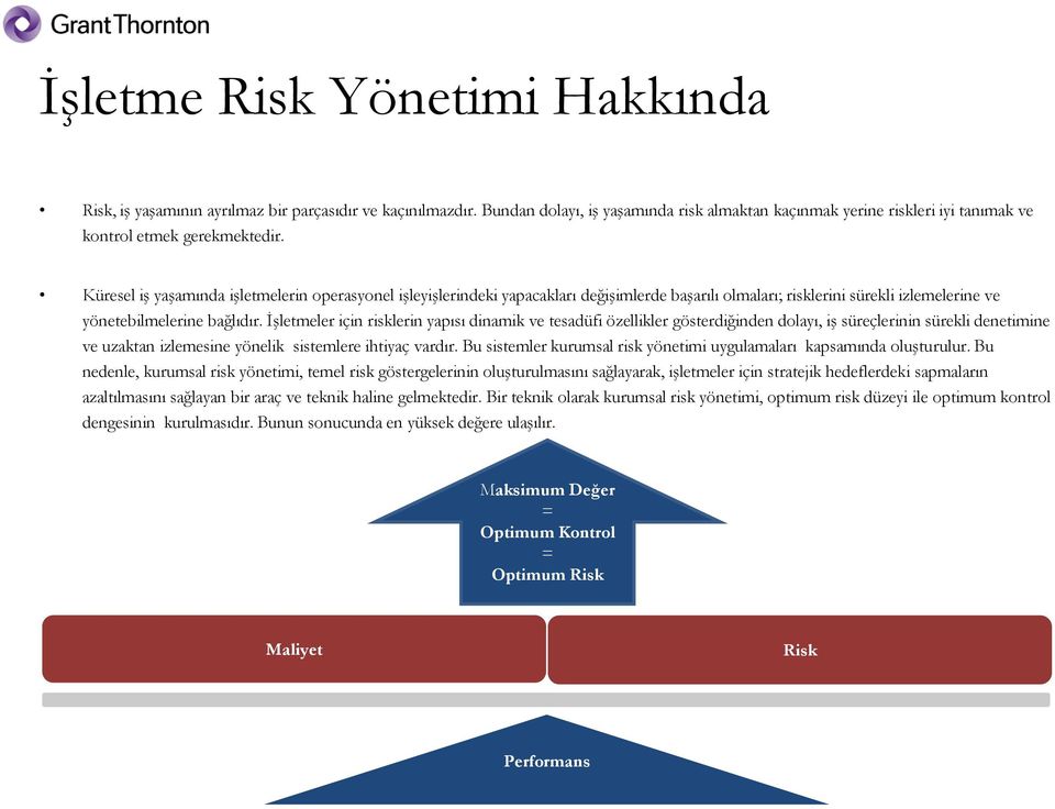 İşletmeler için risklerin yapısı dinamik ve tesadüfi özellikler gösterdiğinden dolayı, iş süreçlerinin sürekli denetimine ve uzaktan izlemesine yönelik sistemlere ihtiyaç vardır.