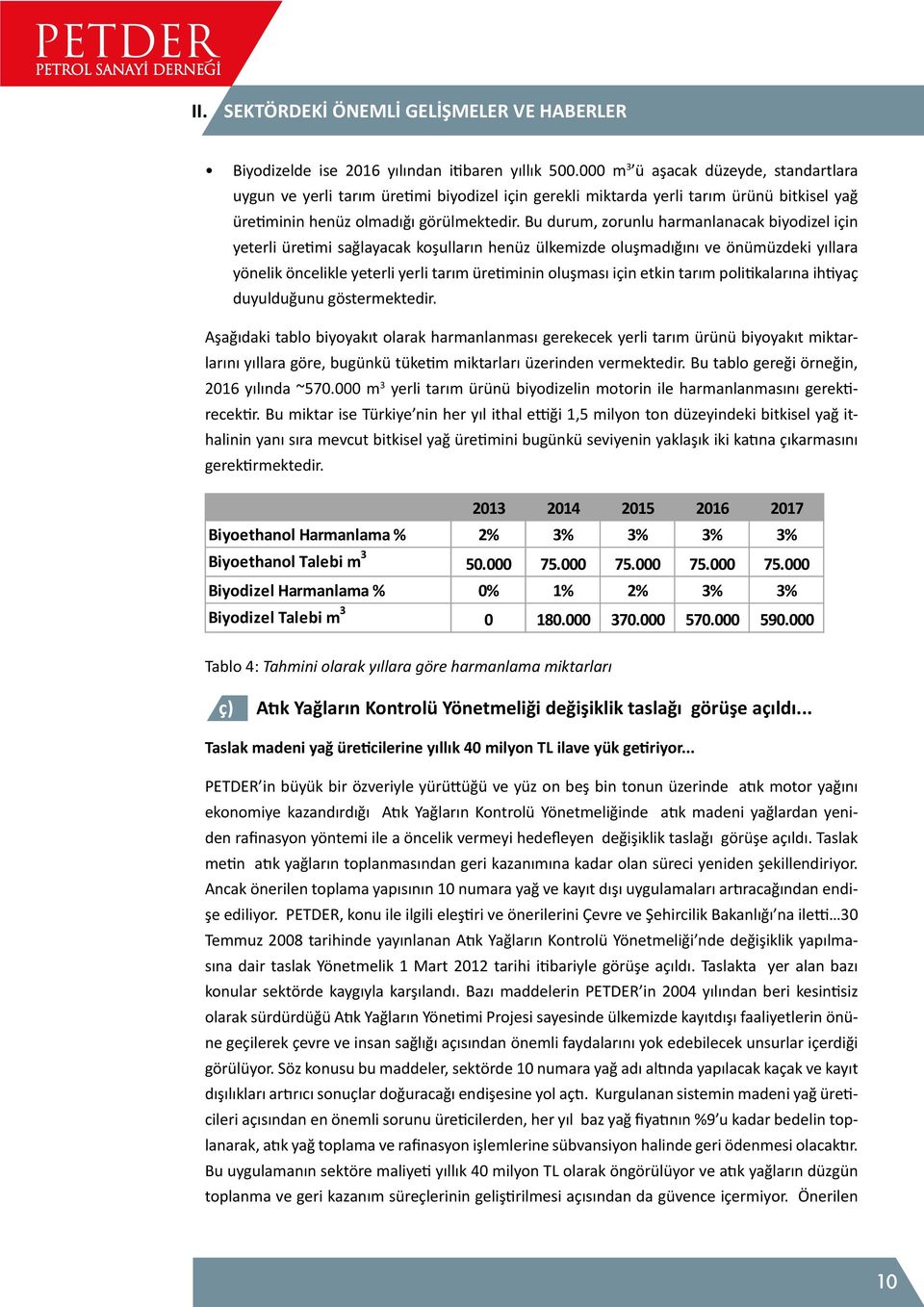 Bu durum, zorunlu harmanlanacak biyodizel için yeterli üretimi sağlayacak koşulların henüz ülkemizde oluşmadığını ve önümüzdeki yıllara yönelik öncelikle yeterli yerli tarım üretiminin oluşması için