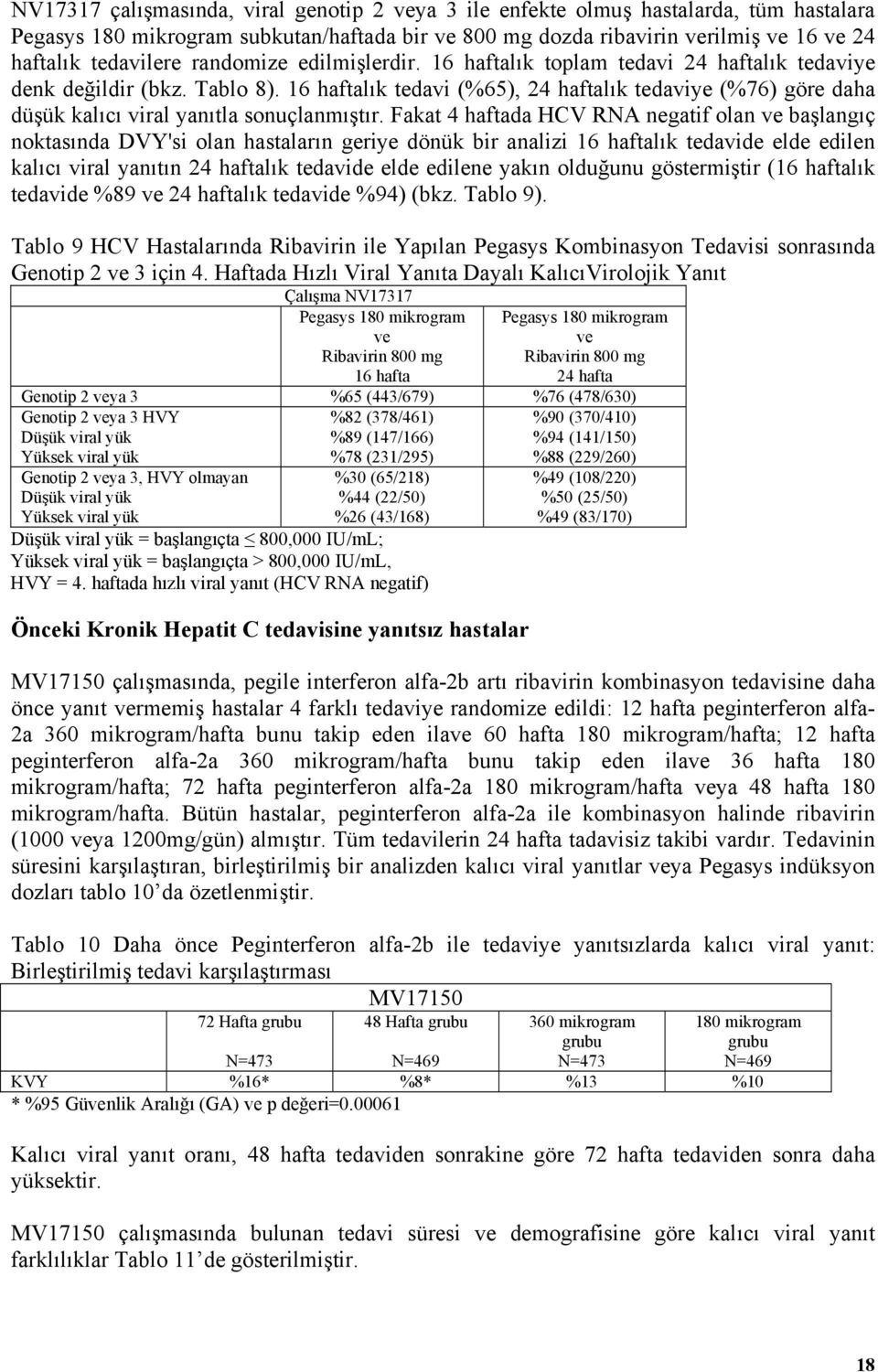 16 haftalık tedavi (%65), 24 haftalık tedaviye (%76) göre daha düşük kalıcı viral yanıtla sonuçlanmıştır.