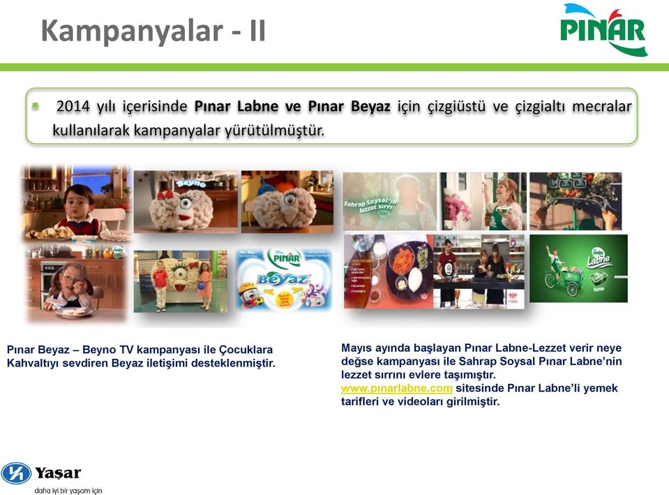 Pınar Beyaz Beyno TV kampanyası ile Çocuklara Kahvaltıyı sevdiren Beyaz iletişimi desteklenmiştir.
