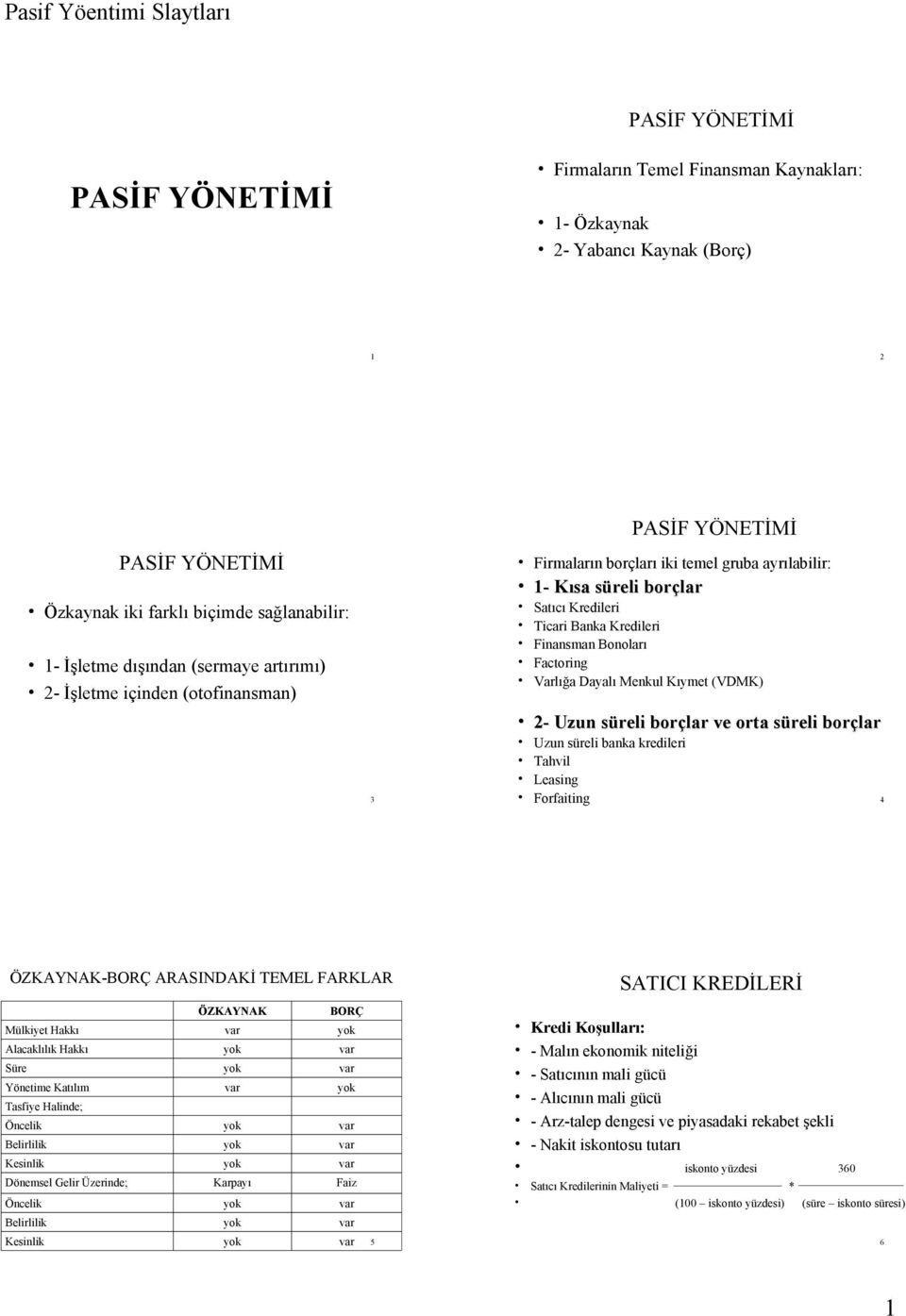 ve orta süreli borçlar Uzun süreli banka kredileri Tahvil Leasing Forfaiting 4 ÖZKAYNAK-BORÇ ARASINDAKİ TEMEL FARKLAR ÖZKAYNAK BORÇ Mülkiyet Hakkı Alacaklılık Hakkı Süre Yönetime Katılım Tasfiye