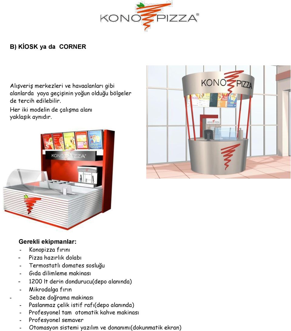 Gerekli ekipmanlar: - Konopizza fırını - Pizza hazırlık dolabı - Termostatlı domates sosluğu - Gıda dilimleme makinası - 1200 lt derin