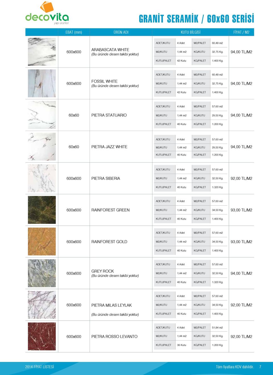 400 Kg. ADET/KUTU 4 Adet M2/PALET 57,60 m2 60x60 PIETRA STATUARIO 1,44 m2 KG/KUTU 29,50 Kg. 94,00 TL/M2 KUTU/PALET 40 Kutu KG/PALET 1.200 Kg.