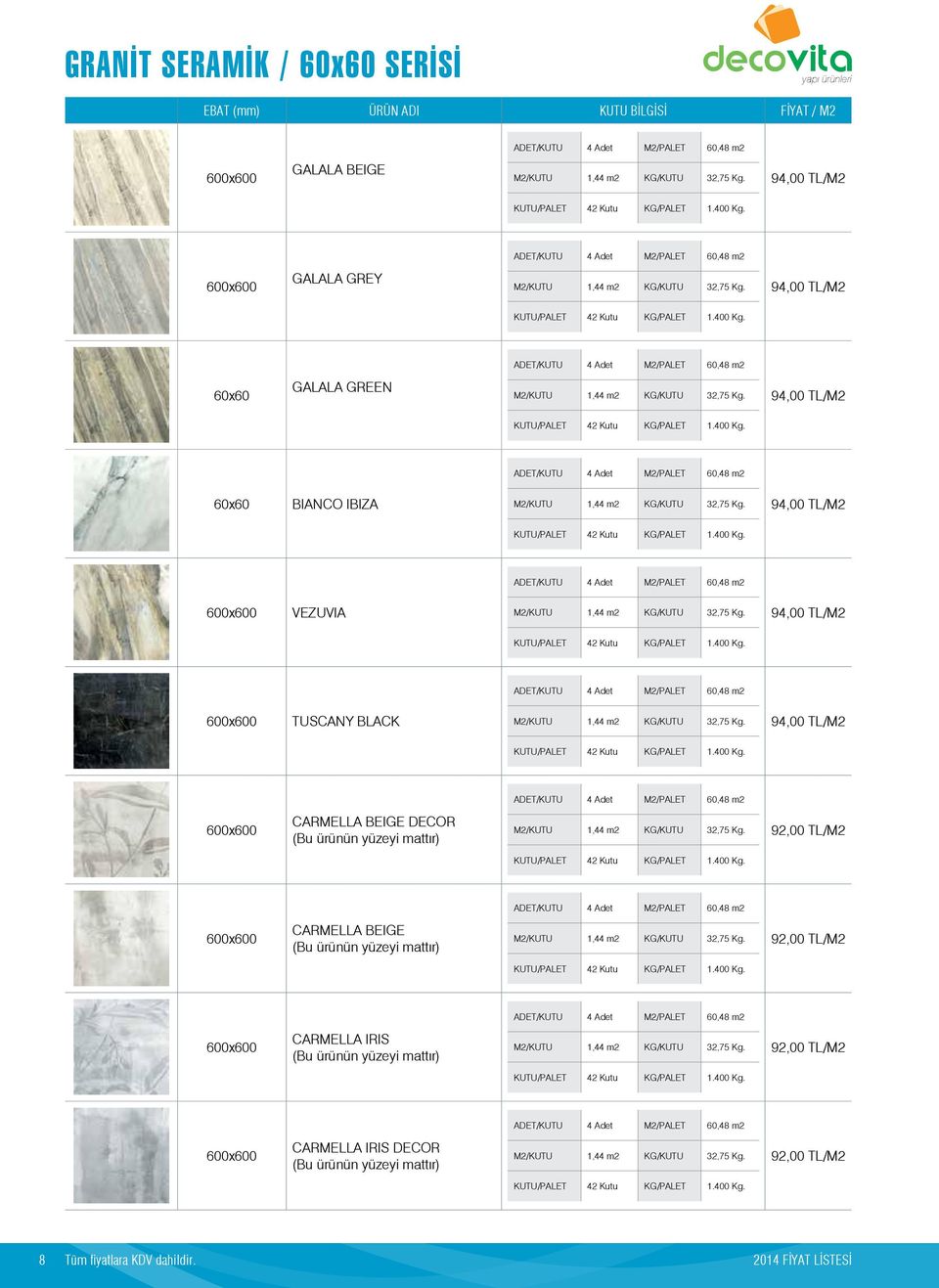 94,00 TL/M2 KUTU/PALET 42 Kutu KG/PALET 1.400 Kg. ADET/KUTU 4 Adet M2/PALET 60,48 m2 60x60 BIANCO IBIZA 1,44 m2 KG/KUTU 32,75 Kg. 94,00 TL/M2 KUTU/PALET 42 Kutu KG/PALET 1.400 Kg. ADET/KUTU 4 Adet M2/PALET 60,48 m2 VEZUVIA 1,44 m2 KG/KUTU 32,75 Kg.