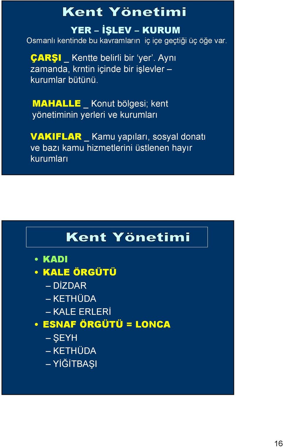 MAHALLE _ Konut bölgesi; kent yönetiminin yerleri ve kurumları VAKIFLAR _ Kamu yapıları, sosyal donatı