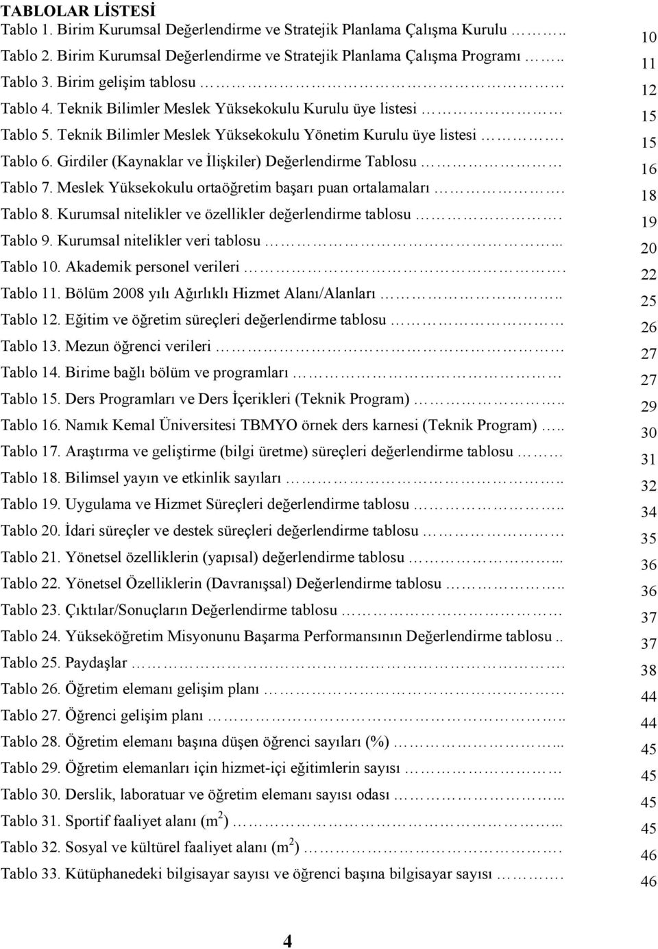 Girdiler (Kaynaklar ve Đlişkiler) Değerlendirme Tablosu Tablo 7. Meslek Yüksekokulu ortaöğretim başarı puan ortalamaları. Tablo 8. Kurumsal nitelikler ve özellikler değerlendirme tablosu. Tablo 9.