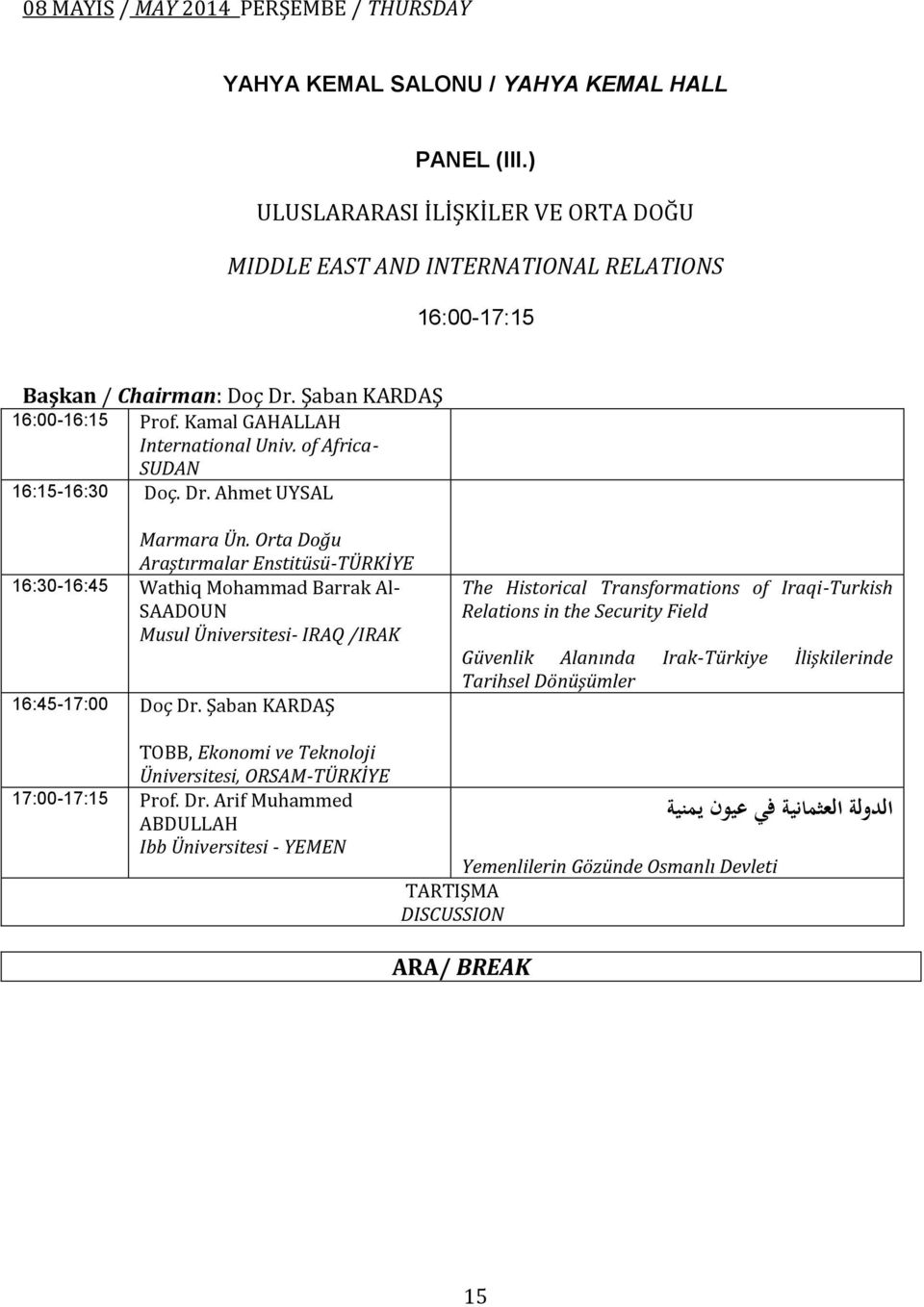 of Africa- SUDAN 16:15-16:30 Doç. Dr. Ahmet UYSAL Marmara Ün. Orta Doğu Araştırmalar Enstitüsü-TÜRKİYE 16:30-16:45 Wathiq Mohammad Barrak Al- SAADOUN Musul Üniversitesi- IRAQ /IRAK 16:45-17:00 Doç Dr.