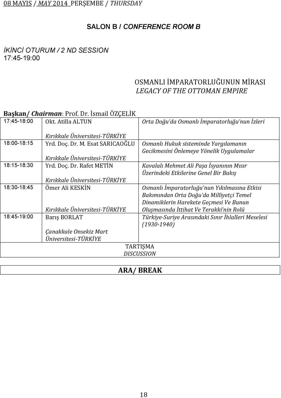 M. Esat SARICAOĞLU 18:15-18:30 Yrd. Doç. Dr.