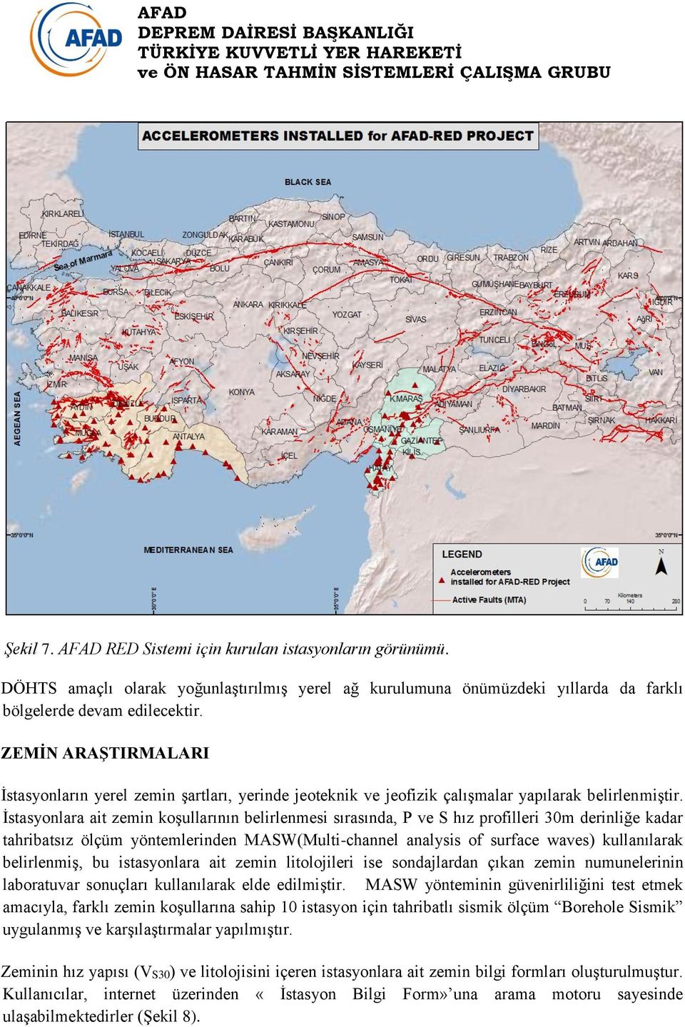 İstasyonlara ait zemin koşullarının belirlenmesi sırasında, P ve S hız profilleri 30m derinliğe kadar tahribatsız ölçüm yöntemlerinden MASW(Multi-channel analysis of surface waves) kullanılarak