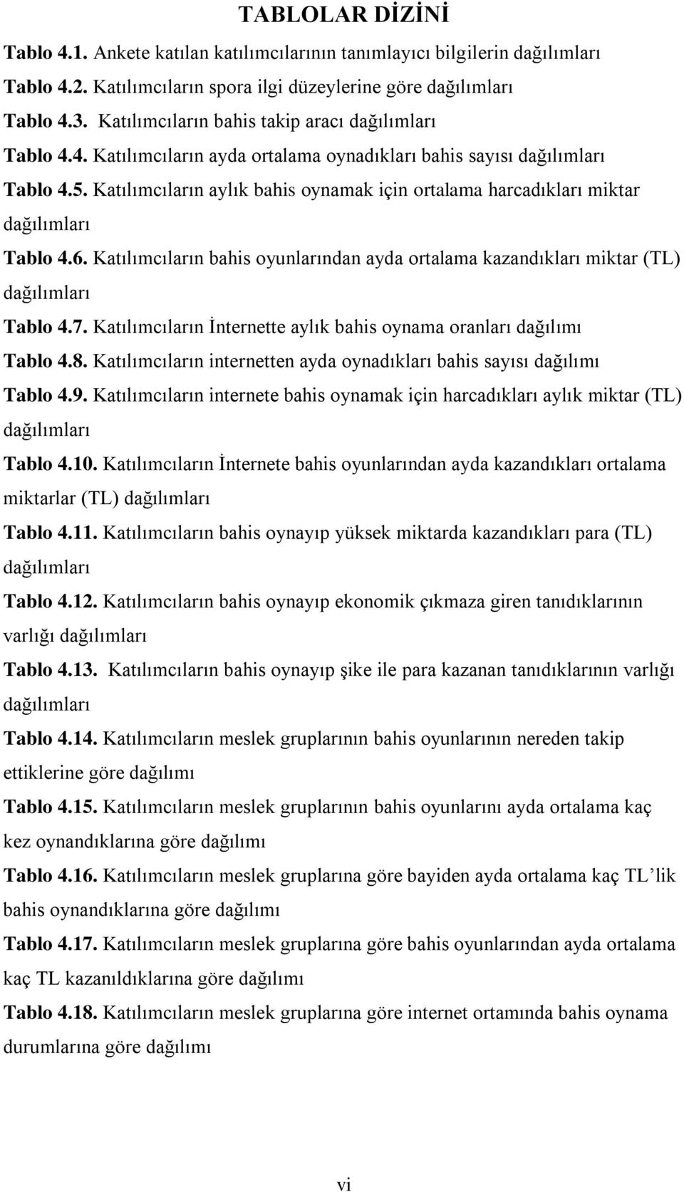 Katılımcıların aylık bahis oynamak için ortalama harcadıkları miktar dağılımları Tablo 4.6. Katılımcıların bahis oyunlarından ayda ortalama kazandıkları miktar (TL) dağılımları Tablo 4.7.