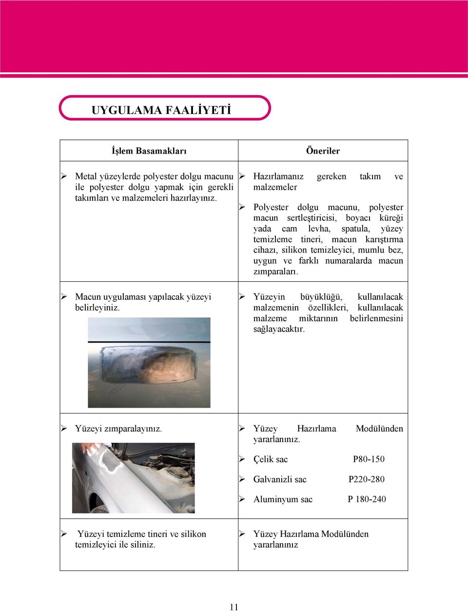 temizleyici, mumlu bez, uygun ve farklı numaralarda macun zımparaları. Macun uygulaması yapılacak yüzeyi belirleyiniz.