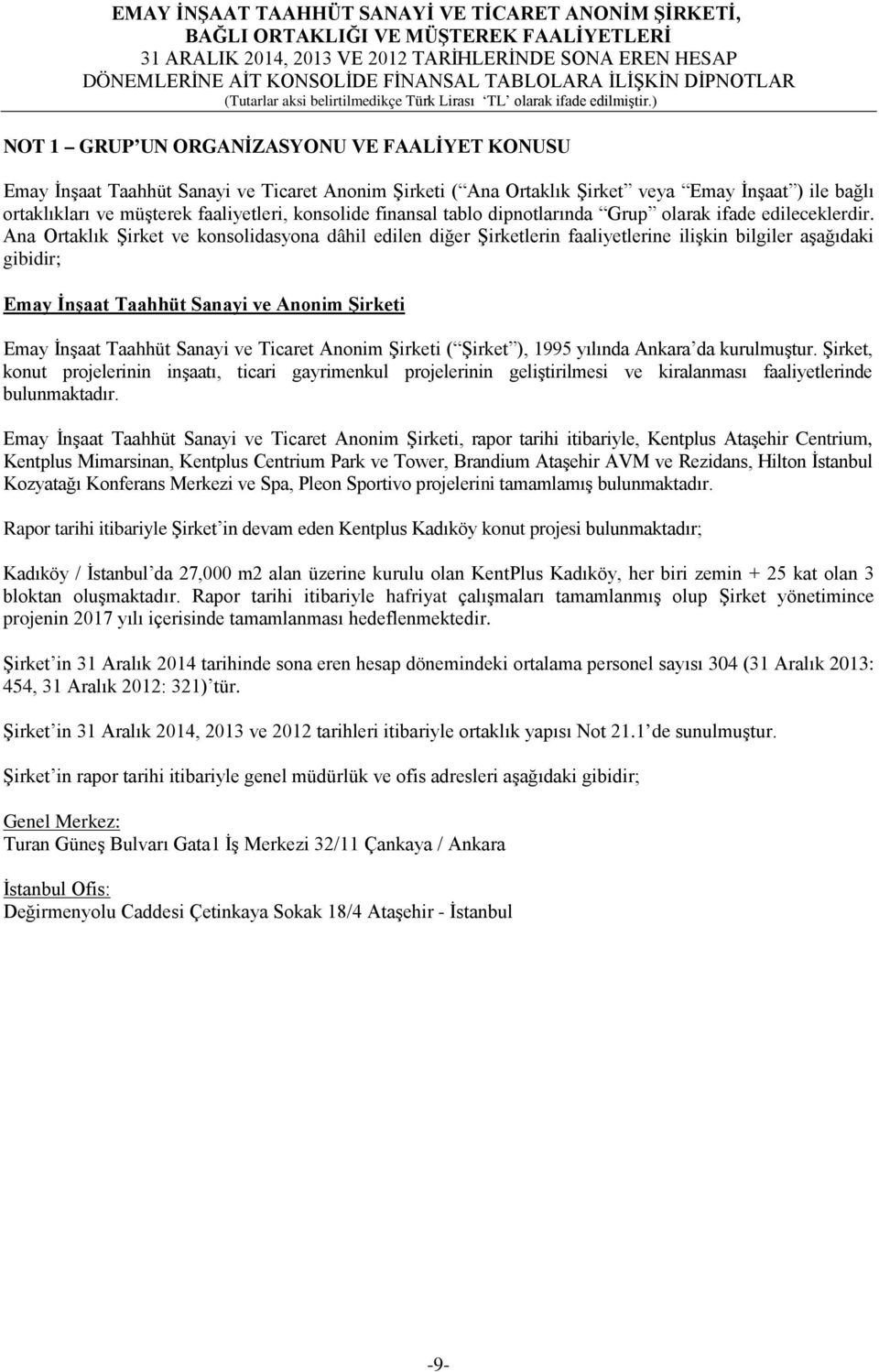 Ana Ortaklık Şirket ve konsolidasyona dâhil edilen diğer Şirketlerin faaliyetlerine ilişkin bilgiler aşağıdaki gibidir; Emay İnşaat Taahhüt Sanayi ve Anonim Şirketi Emay İnşaat Taahhüt Sanayi ve