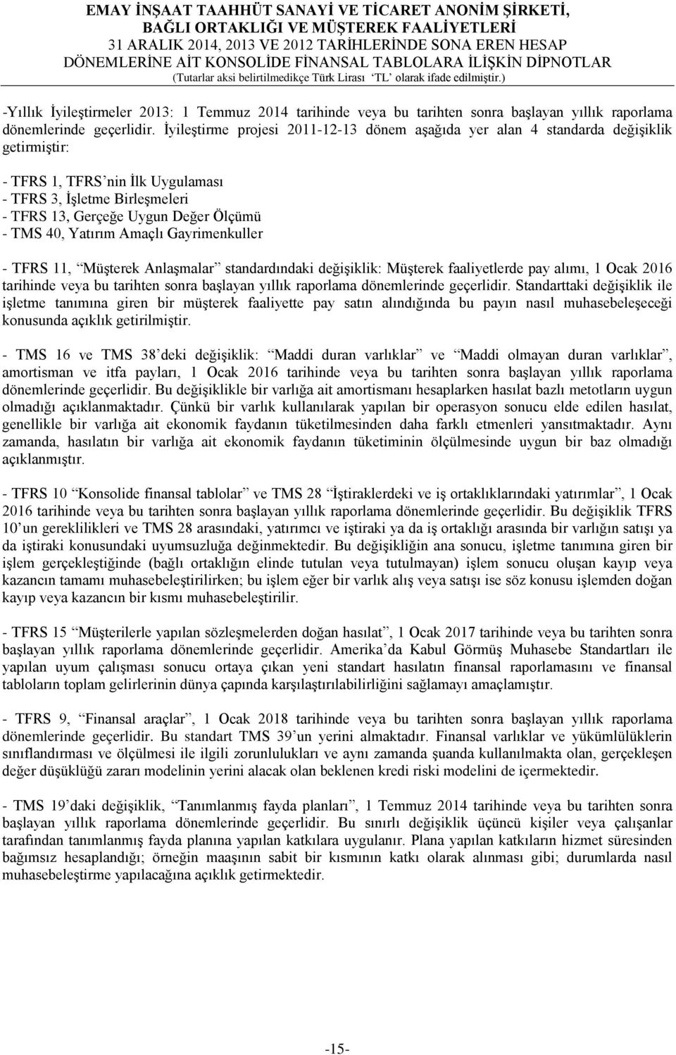 40, Yatırım Amaçlı Gayrimenkuller - TFRS 11, Müşterek Anlaşmalar standardındaki değişiklik: Müşterek faaliyetlerde pay alımı, 1 Ocak 2016 tarihinde veya bu tarihten sonra başlayan yıllık raporlama