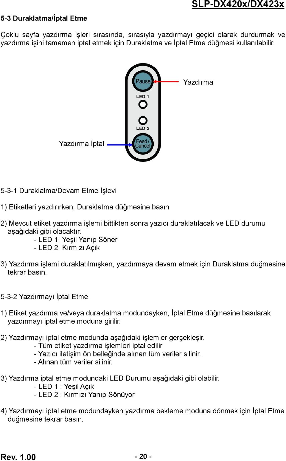 Yazdırma Duraklatma/Devam Etme Yazdırma İptal Etme/Bekleme 5-3-1 Duraklatma/Devam Etme İşlevi 1) Etiketleri yazdırırken, Duraklatma düğmesine basın 2) Mevcut etiket yazdırma işlemi bittikten sonra