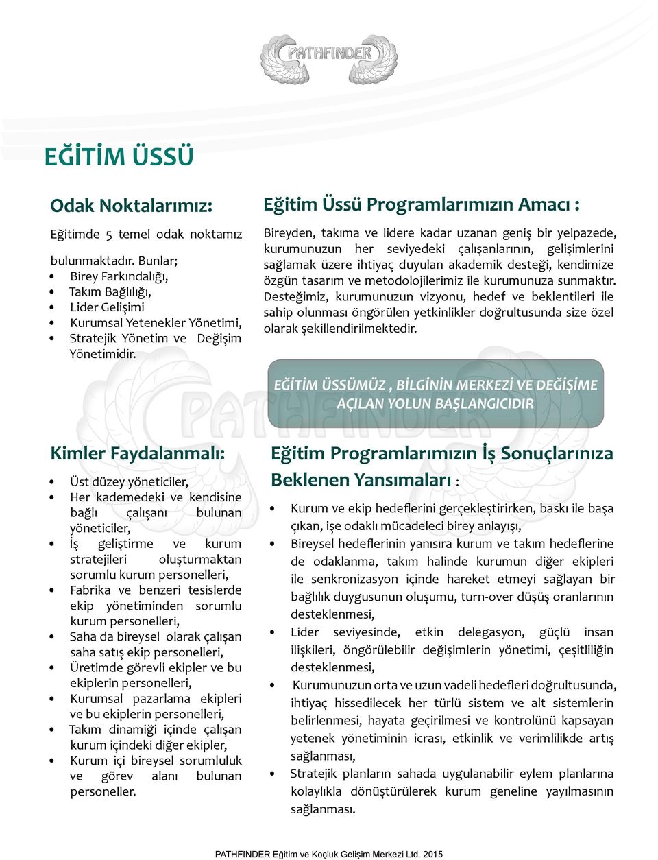 Desteğimiz, kurumunuzun vizyonu, hedef ve beklentileri ile sahip olunması öngörülen yetkinlikler doğrultusunda size özel olarak şekillendirilmektedir. bulunmaktadır.