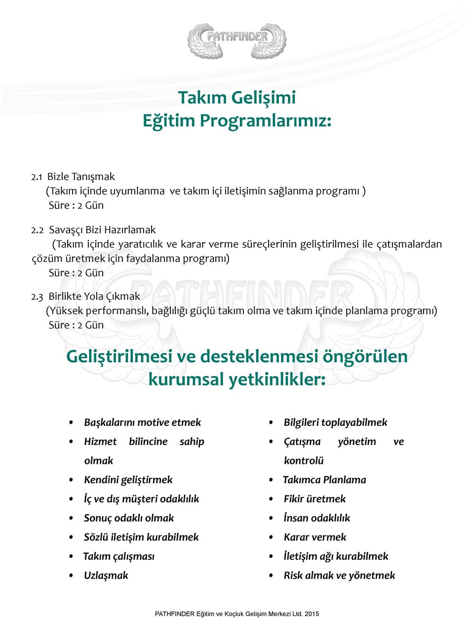 3 Birlikte Yola Çıkmak (Yüksek performanslı, bağlılığı güçlü takım olma ve takım içinde planlama programı) Süre : 2 Gün Geliştirilmesi ve desteklenmesi öngörülen kurumsal yetkinlikler: Başkalarını