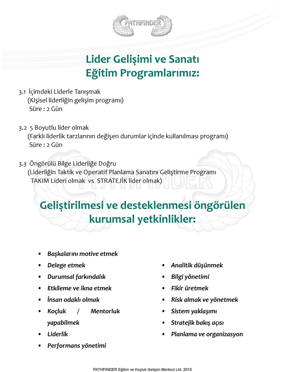 3 Öngörülü Bilge Liderliğe Doğru (Liderliğin Taktik ve Operatif Planlama Sanatını Geliştirme Programı TAKIM Lideri olmak vs STRATEJİK lider olmak) Geliştirilmesi ve desteklenmesi öngörülen kurumsal