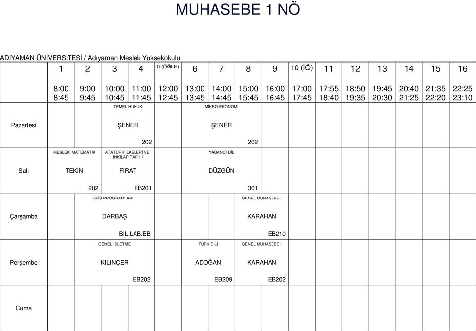 FIRAT DÜZGÜN 202 EB201 301 OFİS PROGRAMLARI I GENEL MUHASEBE I DARBAŞ KARAHAN BİL.LAB.